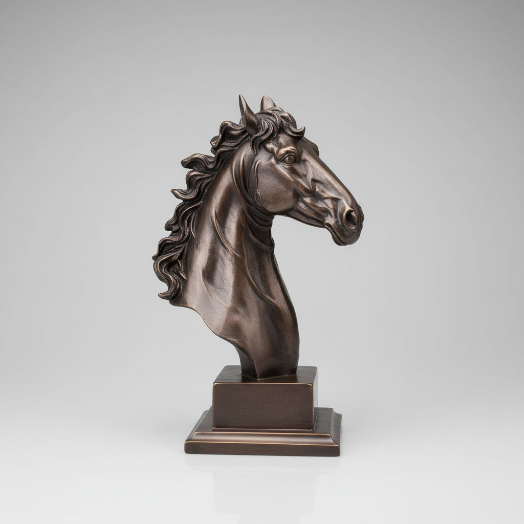 A metallic bronze horse head bust sculpture on a rectangular base.