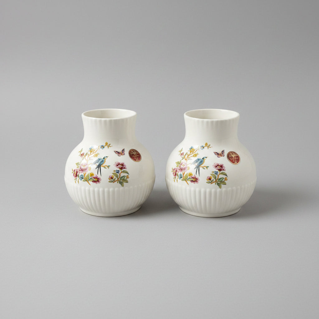 Pair of Vintage Wicklow Vale Ceramics  "Bird & Butterfly" Bud Vases