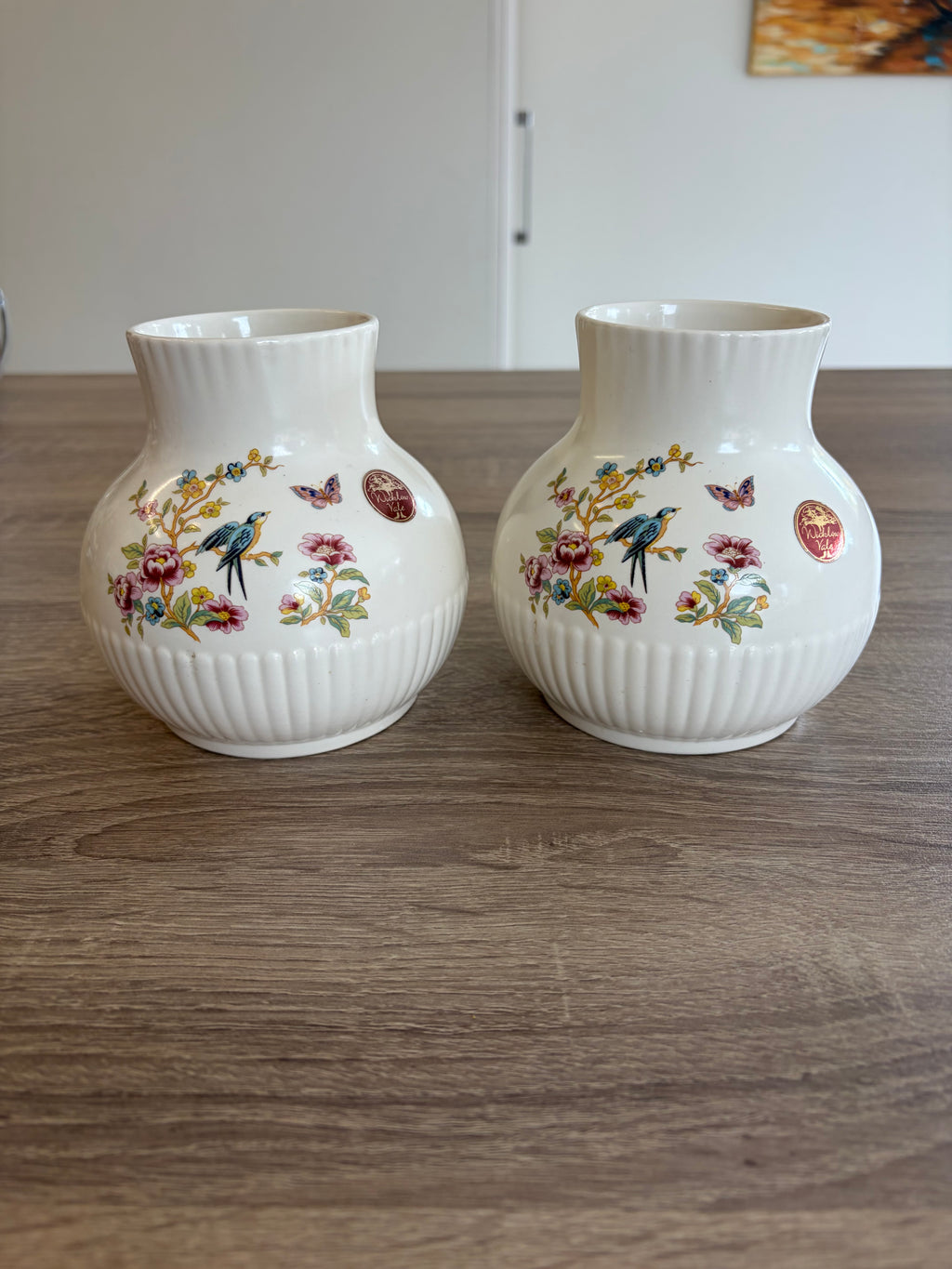 Pair of Vintage Wicklow Vale Ceramics  "Bird & Butterfly" Bud Vases
