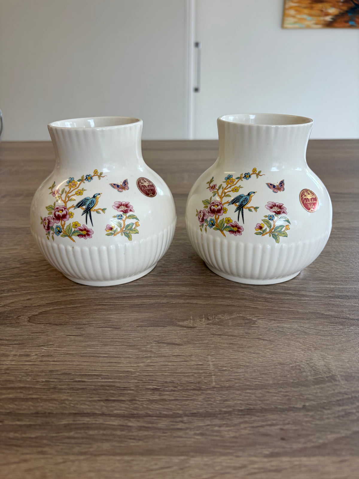 Pair of Vintage Wicklow Vale Ceramics  "Bird & Butterfly" Bud Vases