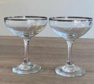 Vintage Silver-Rimmed Etched "Happy Anniversary" Champagne Coupes (Pair)