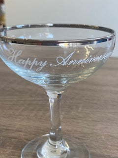 Vintage Silver-Rimmed Etched "Happy Anniversary" Champagne Coupes (Pair)