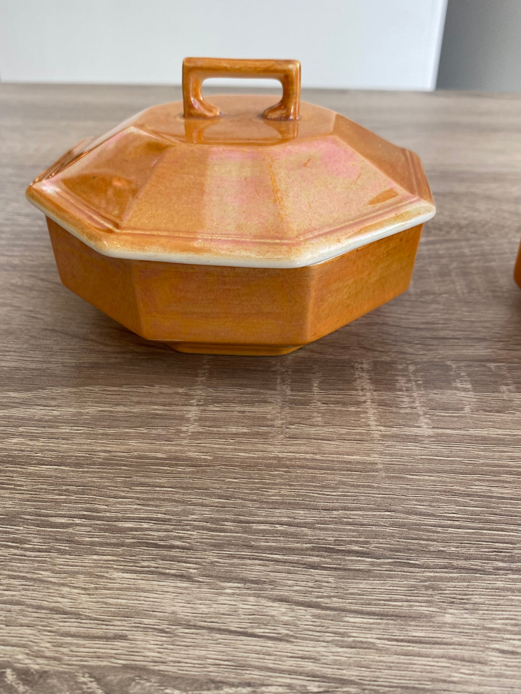 Antique 1920s Arcadian China Lustreware Octagonal Set – Lidded Sugar Bowl & Vase