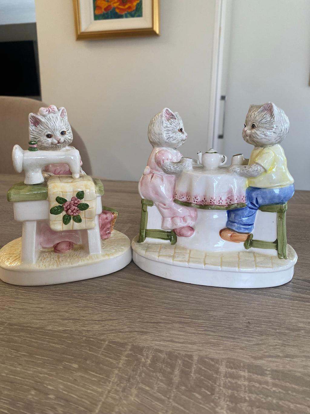 Vintage Ceramic Cat Figurines – Twin Set (Tea Party & Sewing)