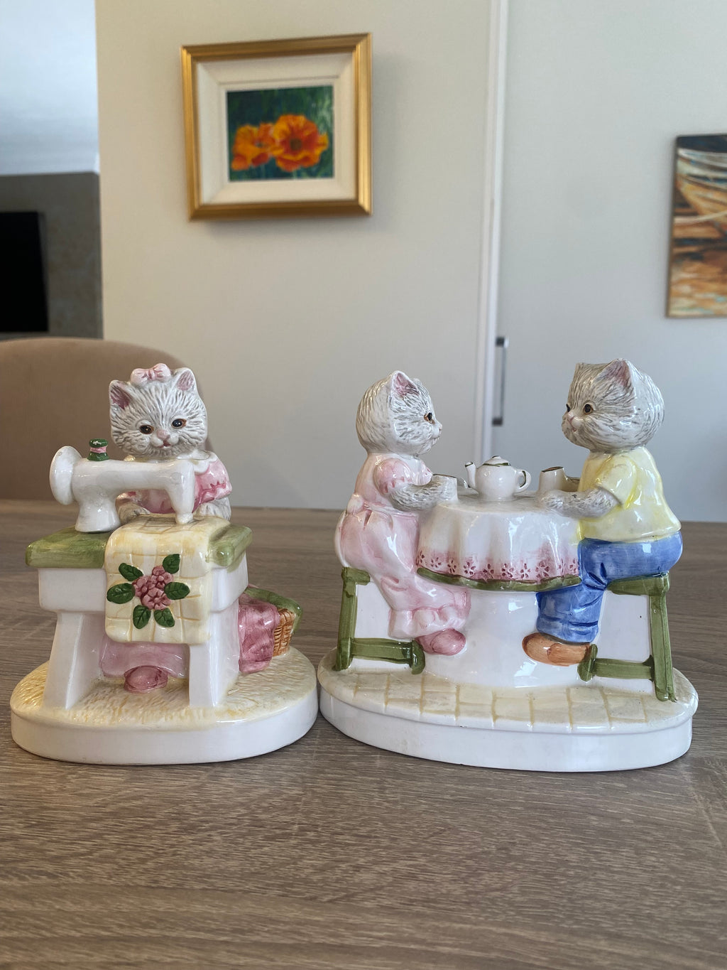 Vintage Ceramic Cat Figurines – Twin Set (Tea Party & Sewing)