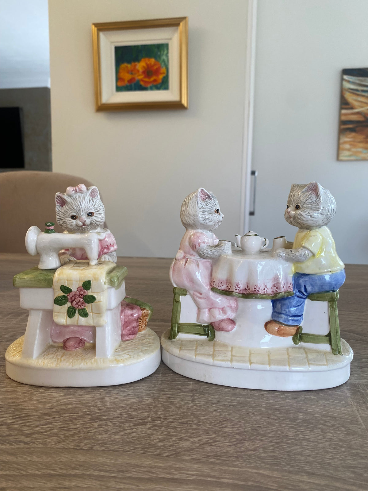 Vintage Ceramic Cat Figurines – Twin Set (Tea Party & Sewing)