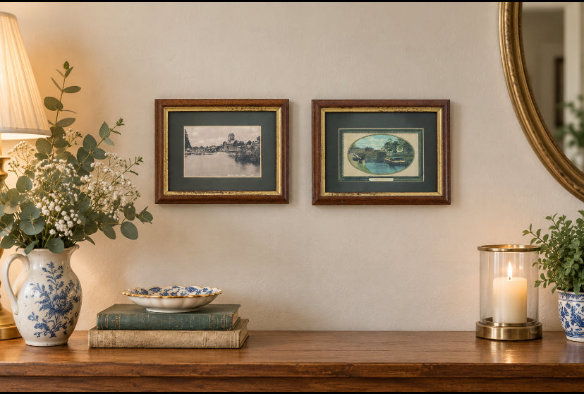 Pair of Framed Antique Edwardian Carlow Postcards (c. 1910)