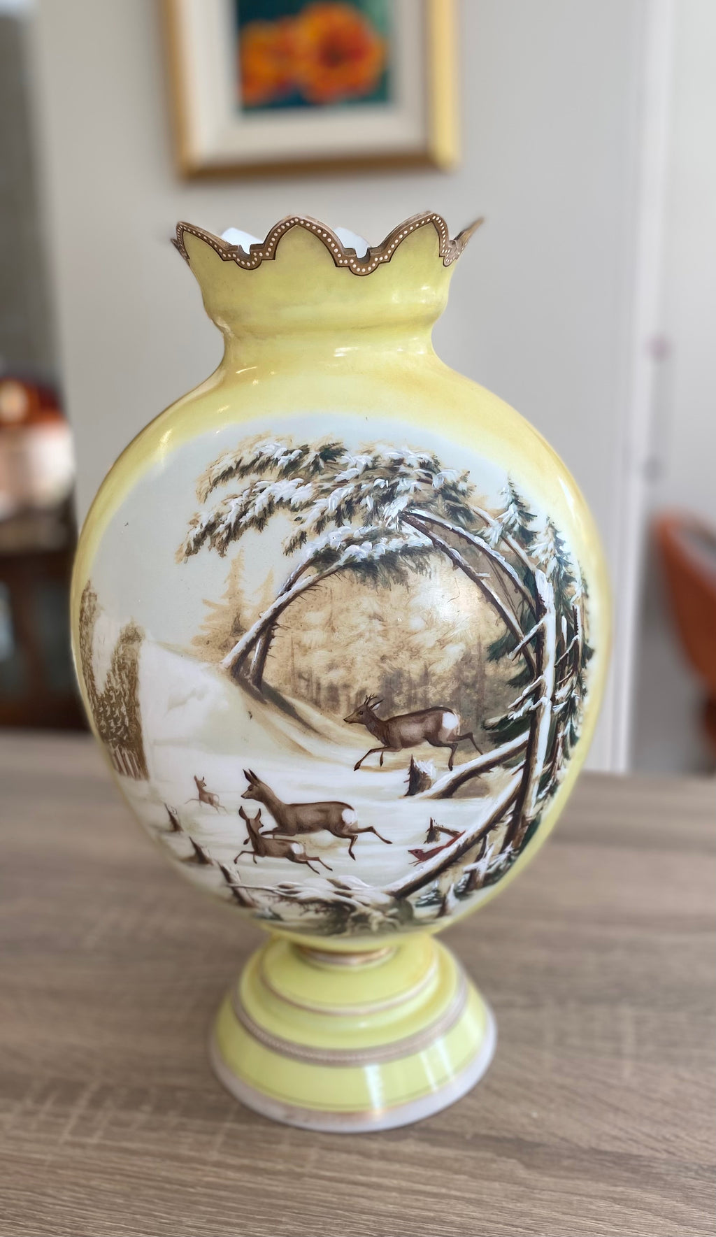Antique c. 1910 A.G. Harley Jones "Royal Vienna" Hand-Painted Vase – Winter Deer & Bird Vignette