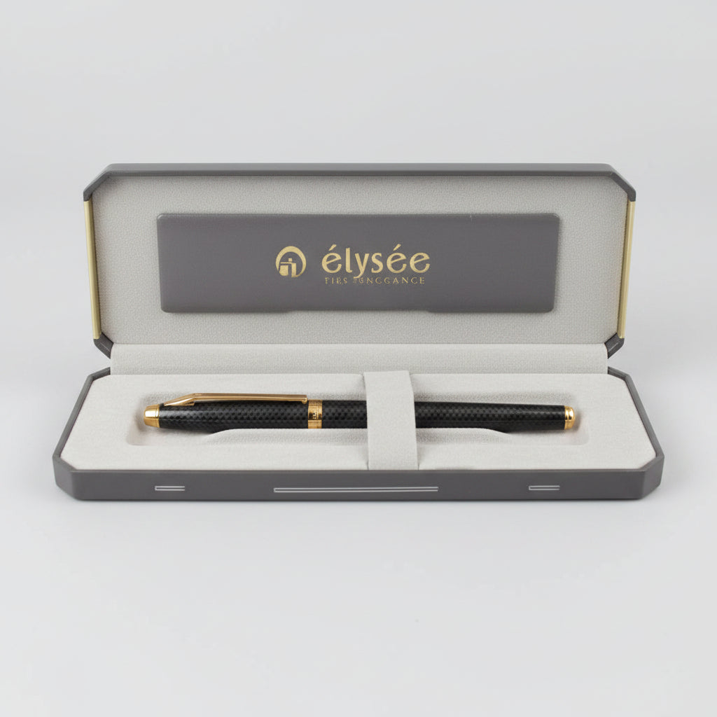 A grey and gold pen Elysee Vintage Fountain Pen, circa 1990's in original presentation box. The brand name 'elsee' is visible on the inside lid.