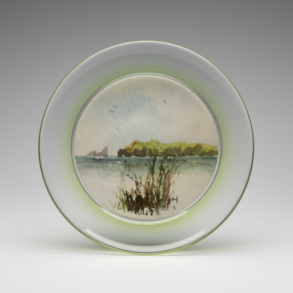 A close-up view of a clear convex glass  with a green rim, showing a coastal scene with cliffs in the background painted in watercolour