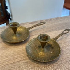 Vintage Hand-Etched Brass Chamberstick Candlesticks with – Pair