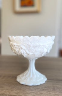 Vintage Mid-Century Milk Glass "Paneled Grape" Pedestal Compote Bowl