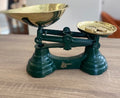 Vintage British Librasco Green Cast Iron Balance Scale with Brass Pans & Weights