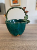 Vintage Majolica Style Frog & Lotus Leaf Basket Bowl