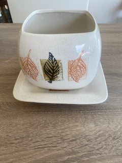 Vintage Mid-Century Modern Square Ceramic Cachepot Planter & Saucer
