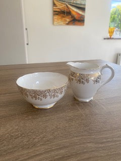 Vintage 1950s Roslyn China Gold Chintz Creamer & Sugar Set