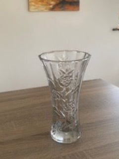 Vintage European Clear Glass Rose Relief Flower Vase