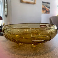 1930s Art Deco Stölzle Czech Amber Pressed Glass Footed Centerpiece Bowl