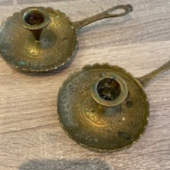 Vintage Hand-Etched Brass Chamberstick Candlesticks with – Pair