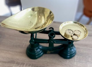 Vintage British Librasco Green Cast Iron Balance Scale with Brass Pans & Weights