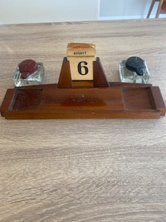Antique 1930s Art Deco Wooden Desk Stand & Inkwells (A/F)