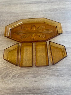 Vintage 1930s Art Deco Amber Glass 5-Piece Hors D'oeuvre Set