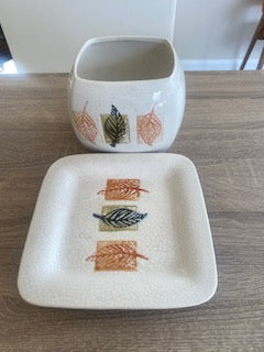 Vintage Mid-Century Modern Square Ceramic Cachepot Planter & Saucer