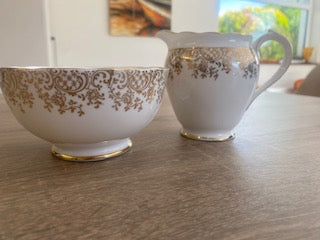 Vintage 1950s Roslyn China Gold Chintz Creamer & Sugar Set