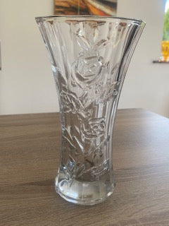Vintage European Clear Glass Rose Relief Flower Vase