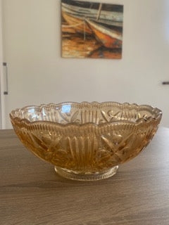 Circa 1930 Antique Marigold Carnival Glass Pinwheel & Fan Centerpiece Bowl