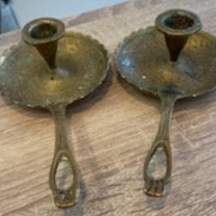 Vintage Hand-Etched Brass Chamberstick Candlesticks with – Pair