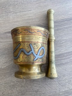 Vintage Hand-Etched Inlaid LNS Cairoware Mortar & Pestle