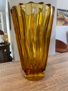 1930s Val Saint Lambert "Luxor" Pattern Amber Pressed Glass Vase